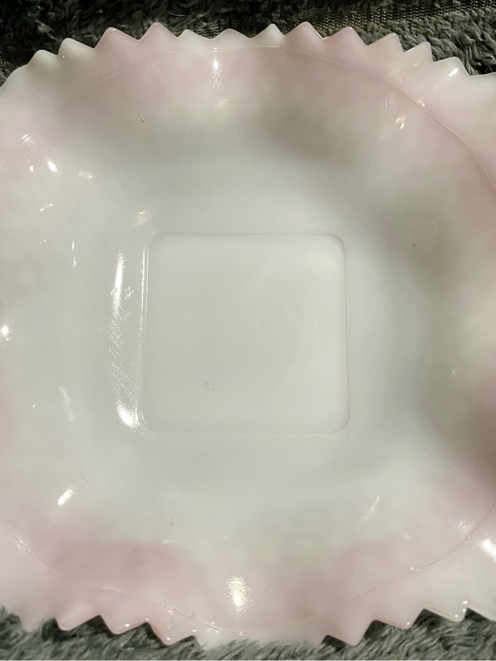 Fenton #389 French Opalescent Square Crimped Candy Dish - Pink Milk Glass
